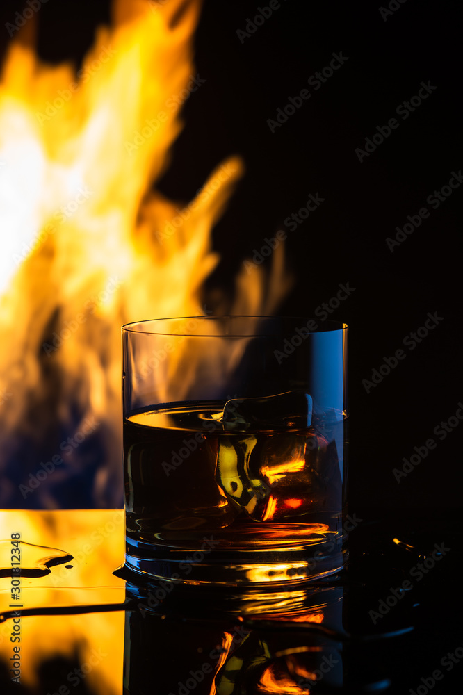  whiskey ice fire on a black background1