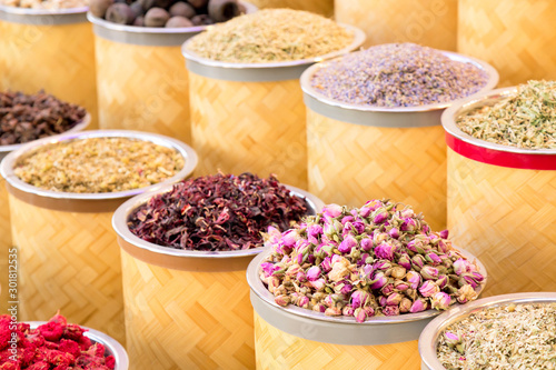 Colorful spices at the arab street market. Dubai Spice Souk in United Arab Emirates.