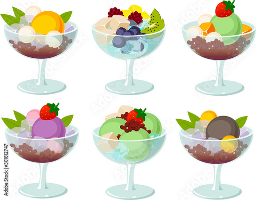 Vector illustration of Asian desserts with fruits, jelly and red beans photo