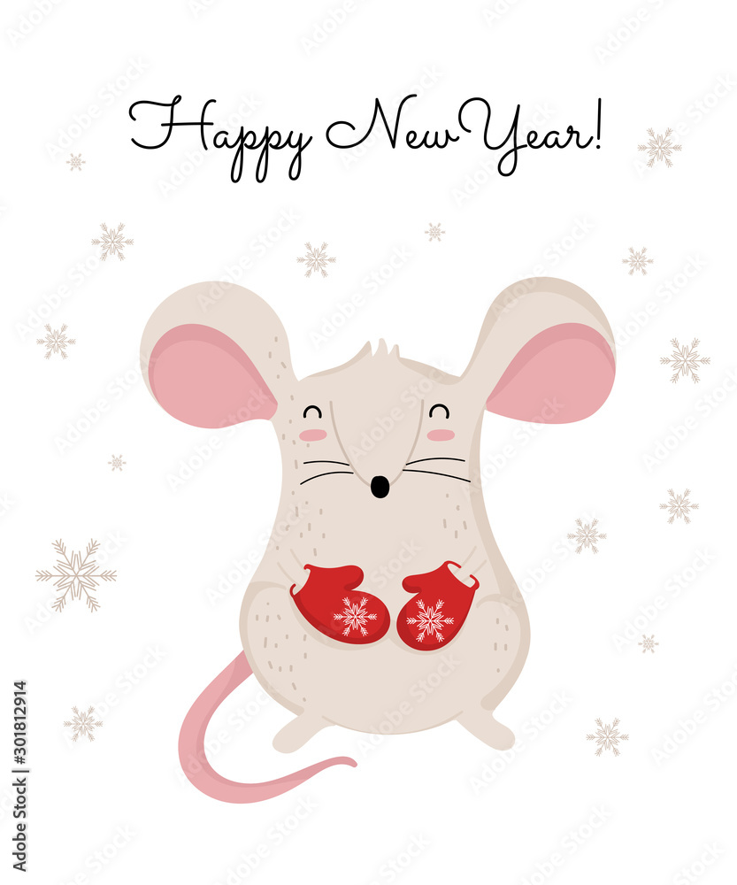 Fototapeta premium Vector poster with hand drawing cute winter rat in cozy clothes. Creative banner with funny mouse for New 2020 Year.