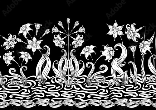 Narcissus. Seamless pattern, background. Black and white graphics. Vector illustration. In art nouveau style, vintage, old, retro style