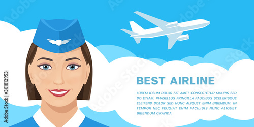 Cute nice smiling stewardess and flying passenger airplane. Flyer or web banner design