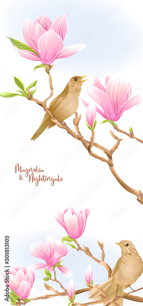 Magnolia tree branch with flowers and nightingale Template for wedding ...