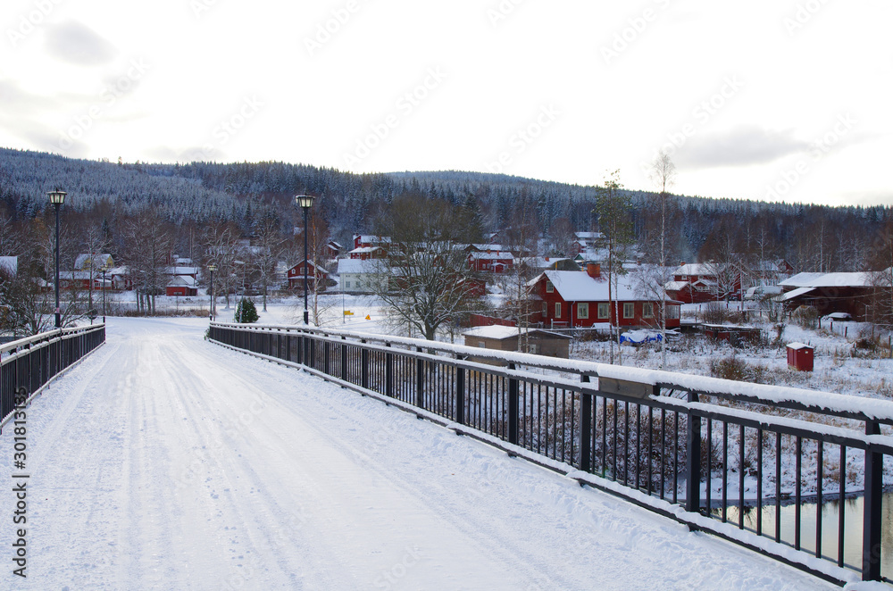 First snow of the winter season in the small town of Björbo in Dalarna,Sweden.