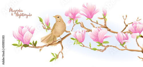 Εκτύπωση καμβά Magnolia tree branch with flowers and nightingale Template for wedding invitation, greeting card, banner, gift voucher, label