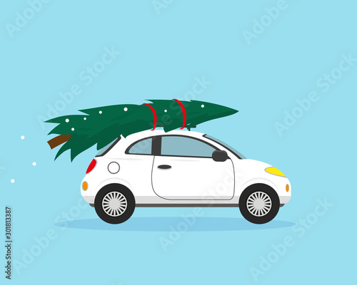 White car with Christmas tree on the roof.