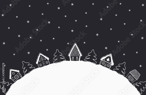 Christmas background. Winter village. Fairy tale winter landscape. There are white silhouettes of houses and fir trees on a dark blue background. Greeting card template. There is a place for text