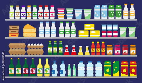 Supermarket shelves with food and drinks.
