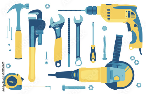 Set of tools for construction and repair in flat style. Vector illustration.