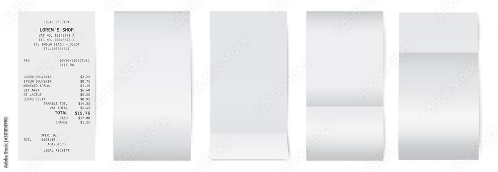 Obraz premium Paper shop check. White supermarket receipt. Financial bill mockup.