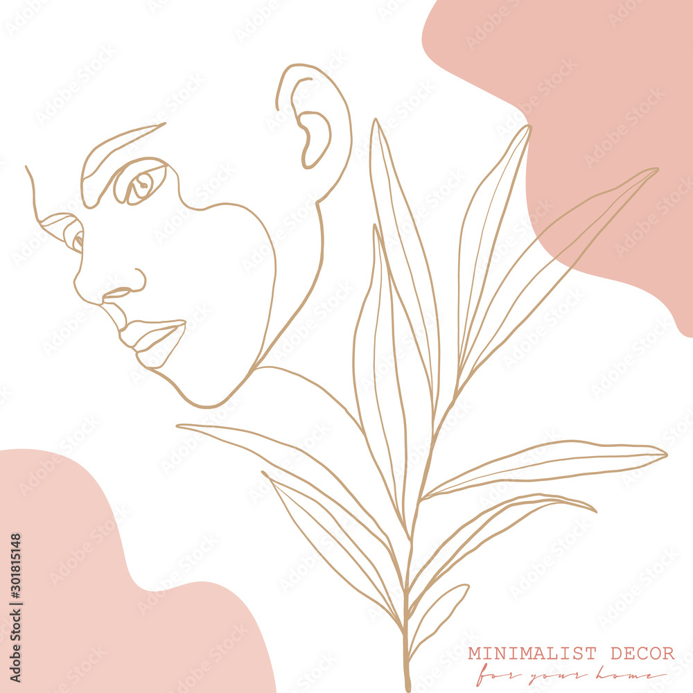 Continuous line, drawing of woman face, fashion concept, woman beauty minimalist with geometric doodle Abstract floral elements pastel colors. One line continuous drawing. vector illustration Continuous line, drawing of woman face, fashion concept, woman beauty minimalist with geometric doodle Abstract floral elements pastel colors. One line continuous drawing. vector illustration