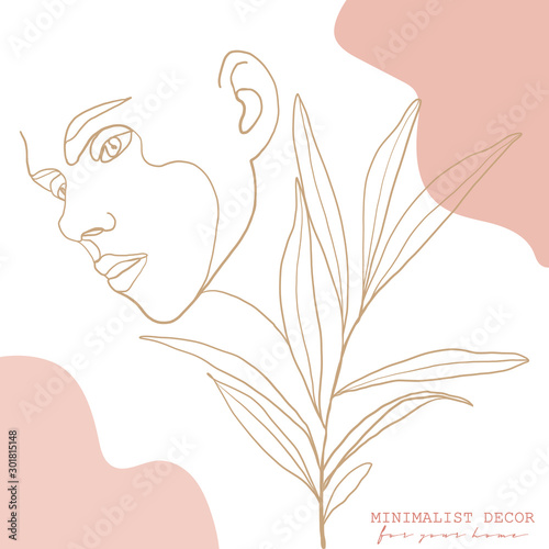 Continuous line  drawing of woman face  fashion concept  woman beauty minimalist with geometric doodle Abstract floral elements pastel colors. One line continuous drawing. vector illustration