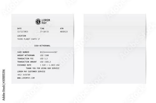 Blank white paper shop check. Template of a bill from supermarket of restaurant.