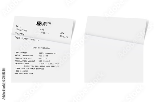 Template of a check from a shop or supermarket or restaurant. White cashier receipt.