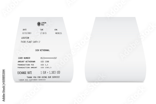 Blank white paper shop check. Template of a bill from supermarket of restaurant.