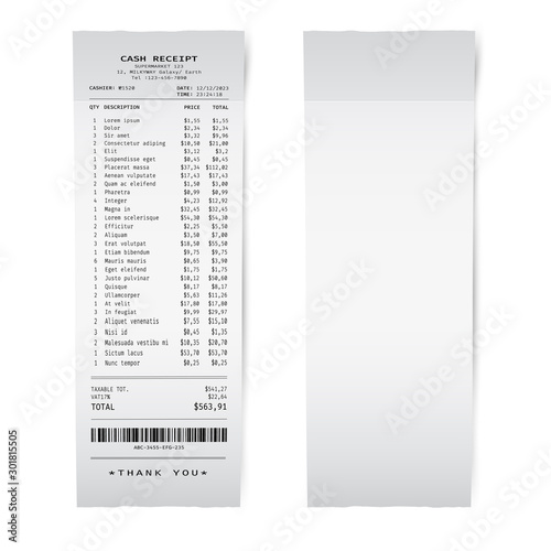 Blank white paper shop check. Template of a bill from supermarket of restaurant.
