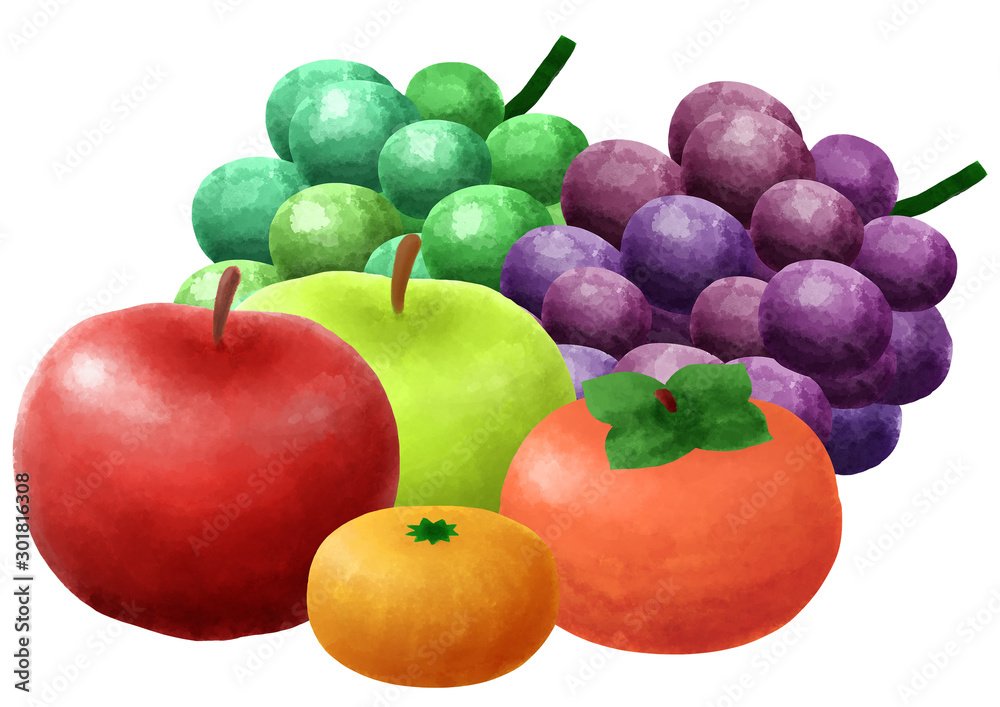 果物　フルーツ　フルーツ盛り合わせ　柿　みかん　ぶどう　りんご　