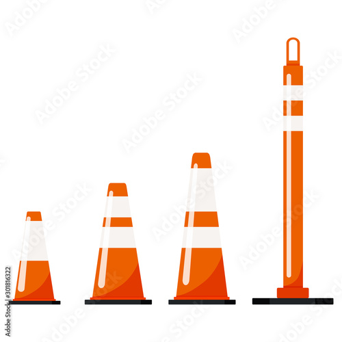 Orange color plastic road traffic cone set isolated on white background.