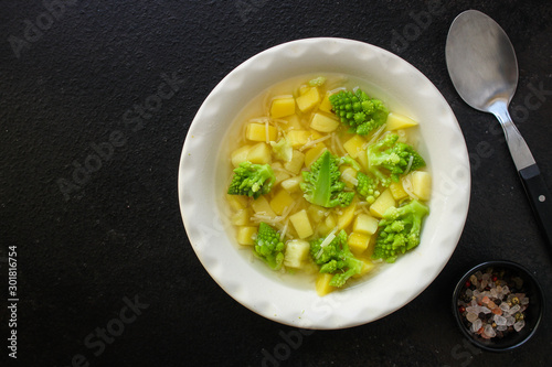 soup vegetables and cabbage romanesco cauliflower (delicious first course) menu concept. food background. top view. copy space