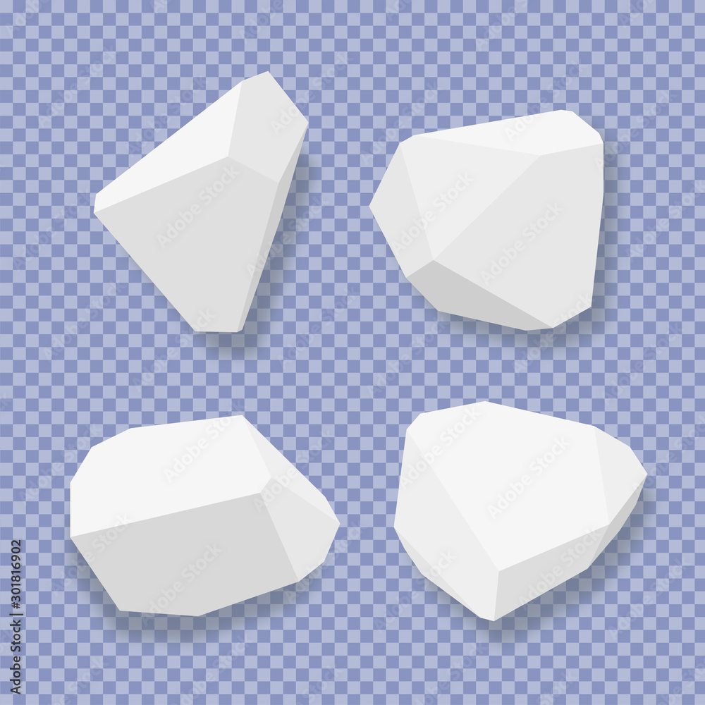 Set of isolated stones .White polygonal rock vector .Crystal gem set .Isometric geometry illustration. Set of isolated stones .White polygonal rock vector .Crystal gem set .Isometric geometry illustration.