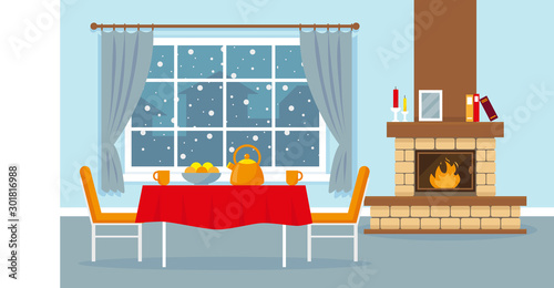 Living room with fireplace, window and table.