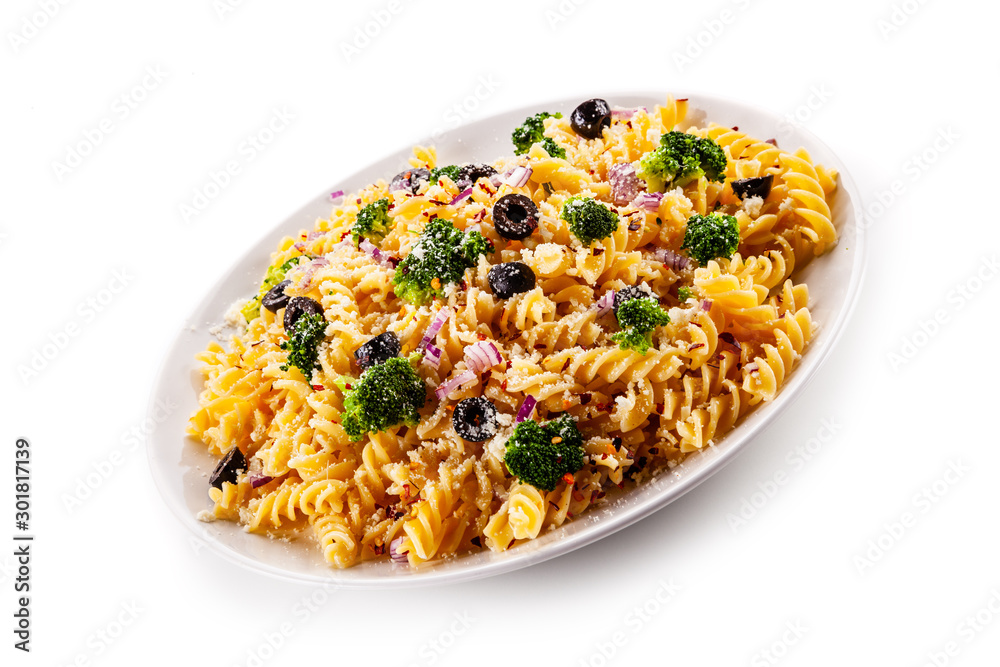 Fusilli pasta with bacon and broccoli on white background Fusilli pasta with bacon and broccoli on white background