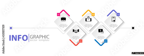 Infographic design and marketing icons, vector rhombuses. Can be used to create workflows, schedules, annual reports, presentation, web design.Business concept with 5 options, steps processes, sticker