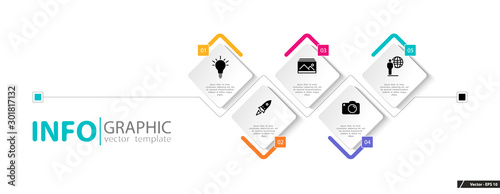 Infographic design and marketing icons, vector rhombuses. Can be used to create workflows, schedules, annual reports, presentation, web design.Business concept with 5 options, steps processes, sticker