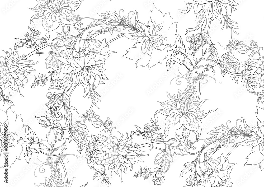 Fantasy flowers in retro, vintage, jacobean embroidery style. Seamless pattern, background. Outline hand drawing vector illustration..