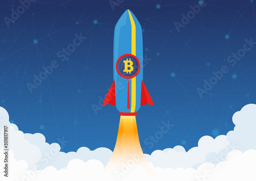 Bitcoin Cryptocurrency concept. Rocket flying to the moon with bitcoin icon. Crypto market rising. New investments. Crypto currency hype vector illustration