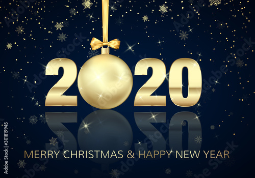 Happy New Year and Merry Christmas. Poster with Greeting Text. Golden Christmas ball instead of zero in 2020. Holiday Decoration Element for Banner or Invitation. Vector illustration