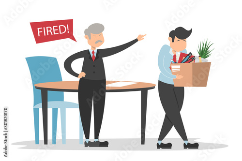 Angry man boss and fired employee walk with the box