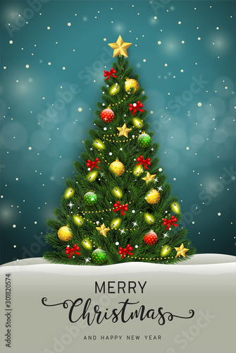 Merry Christmas and happy new year greeting card with Christmas tree vector