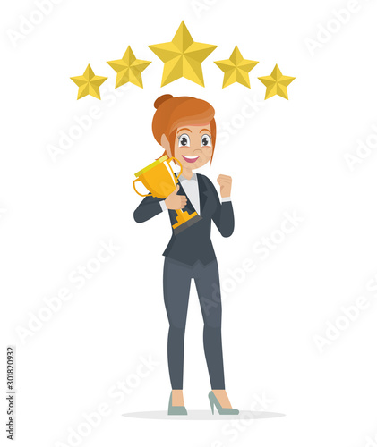 Cartoon character Poses, Business woman character. Businesswoman concept winner success. Excited smiling cartoon female raising up trophy.
