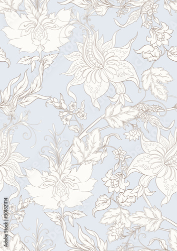 Fantasy flowers in retro  vintage  jacobean embroidery style. Seamless pattern  background. Outline hand drawing vector illustration. In vintage blue and beige colors.