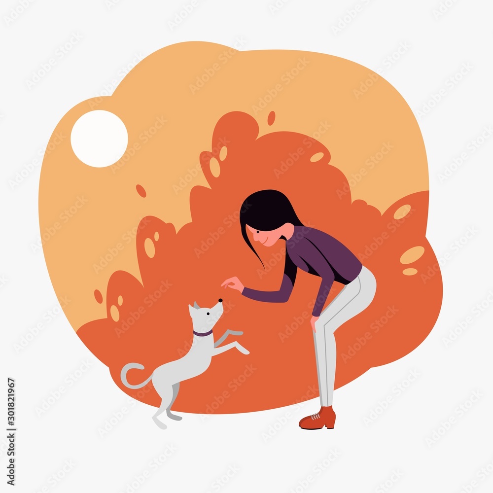 Girl plays with a small white dog on an abstract background. Flat vector illustration. Girl plays with a small white dog on an abstract background. Flat vector illustration.