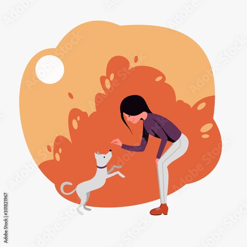 Girl plays with a small white dog on an abstract background. Flat vector illustration.