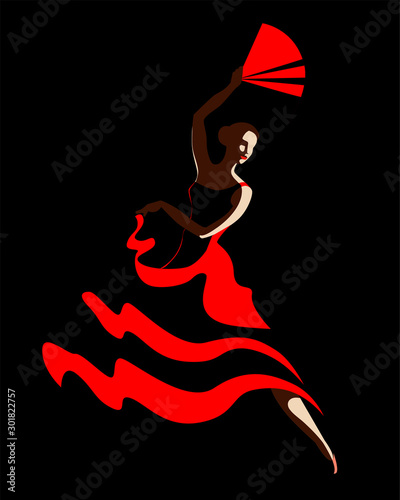 A slender woman with a fan dancing flamenco. 
