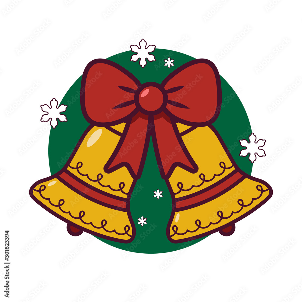 Golden Christmas bells with red bow and snowflakes. Holiday decoration symbol. Golden Christmas bells with red bow and snowflakes. Holiday decoration symbol.