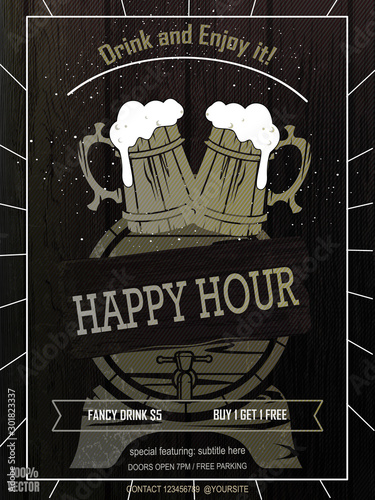 Beer Promotion Happy Hour Flyer Template on black and white wooden background. Flyer that will give the perfect promotion for your promotion. Vintage concept, art template, labels, layout, card.