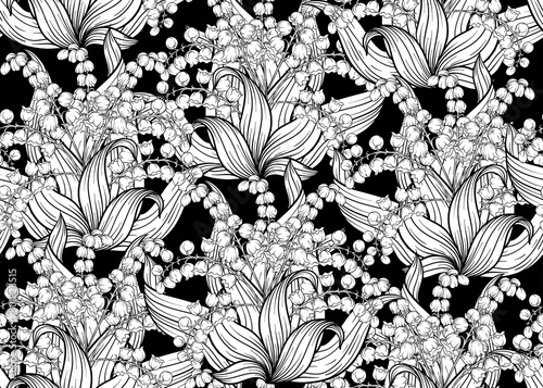 Lily of the valley, may-lily Seamless pattern, background. Vector illustration. Black and white graphics. Vector illustration. In art nouveau style, vintage, old, retro style.. photo