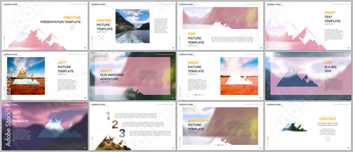Presentations design, vector templates. Background for tourist camp, nature tourism, camping. Aadventure design concept. Multipurpose template for presentation slide, flyer leaflet, brochure cover.