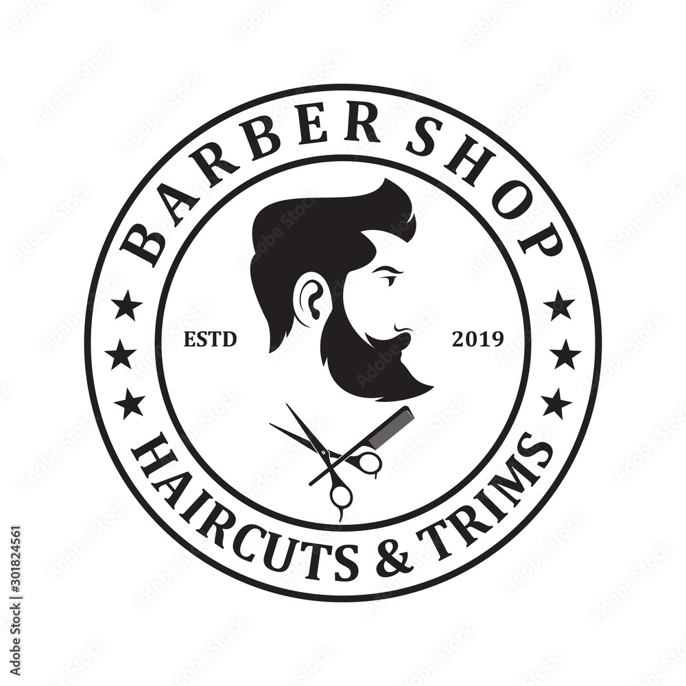 Barber shop logo template. Handsome man with beard and mustache. Scissors. Barber shop symbol. Barber shop logo template. Handsome man with beard and mustache. Scissors. Barber shop symbol.