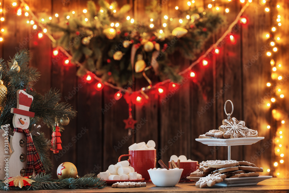 Christmas cookies on wooden table in kitchen