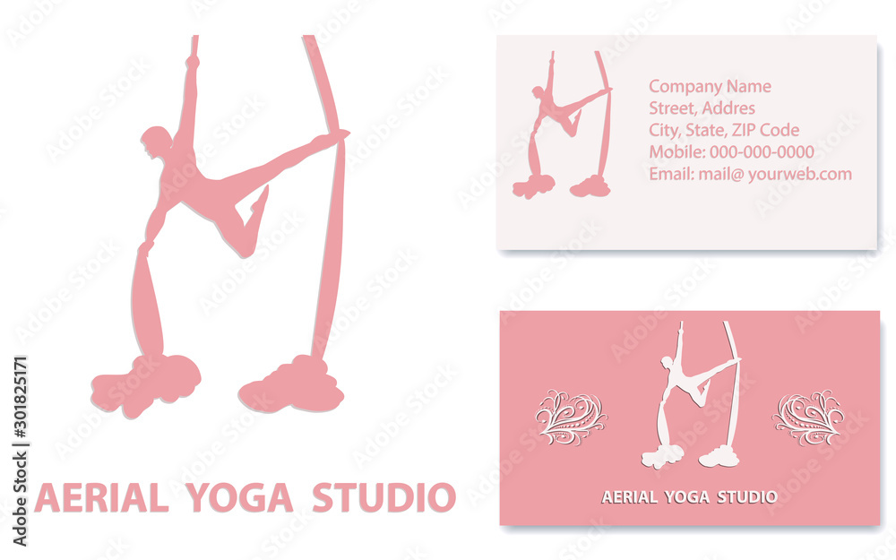 Aerial Yoga - business card with props, pale coral - woman silhouette, exercise on a hammock - vector. Sport business.