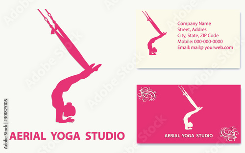Aerial Yoga - business card with requisites, pink - silhouette girl hanging on a silk ribbon upside down - vector. Sport business.