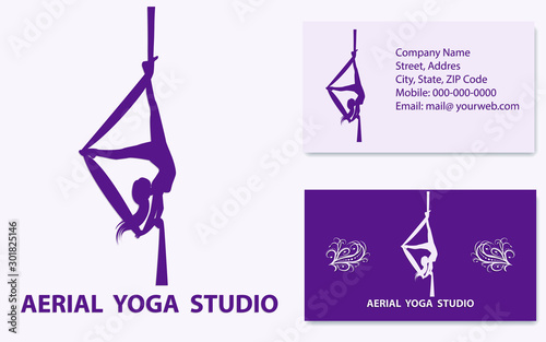 Aerial Yoga - business card with requisites, purple - girl silhouette, exercise on silk ribbon - vector. Sport business.