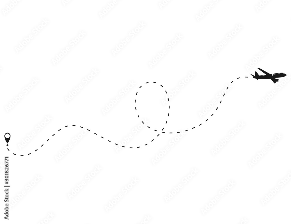 Airplane line path vector icon of air plane flight route with start point. Plane and its track on white background. Vector illustration. Airplane line path vector icon of air plane flight route with start point. Plane and its track on white background. Vector illustration.