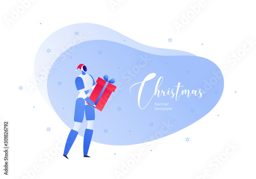 Vector flat christmas celebration technology person illustration. Android with gift box and snow and text isolated on white background. Holiday new year concept. Design element for banner, poster, web