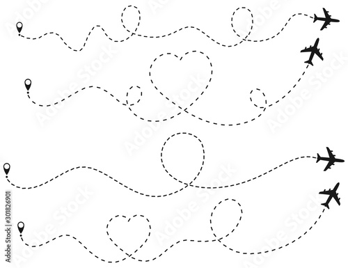 Airplane line path vector icon of air plane flight route with start point. Plane and its track on white background. Vector illustration.